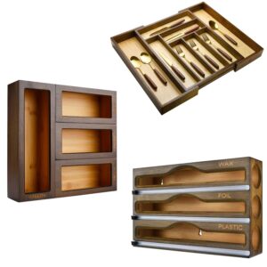 cozee bay bamboo bag storage organizer (4 pcs), wrap dispenser, and drawer organizer bundle for kitchen drawer (vintage brown)
