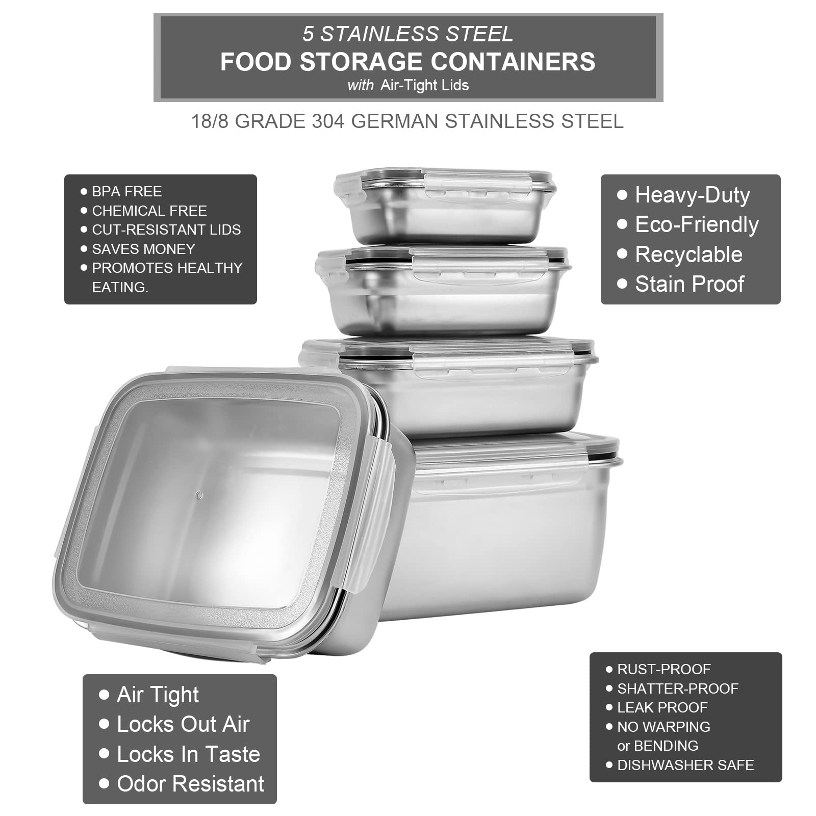 UPTRUST Stainless Steel Food Storage Containers, Airtight Lids, Set of 5 Containers, BPA Free, Dishwasher & Freezer Safe, Meal Prep Lunch Box, Leak Proof Stackable Light and Easy Storage