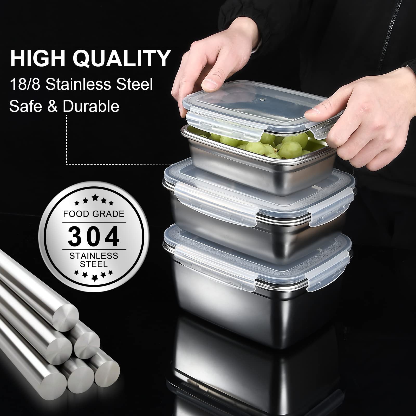 UPTRUST Stainless Steel Food Storage Containers, Airtight Lids, Set of 5 Containers, BPA Free, Dishwasher & Freezer Safe, Meal Prep Lunch Box, Leak Proof Stackable Light and Easy Storage