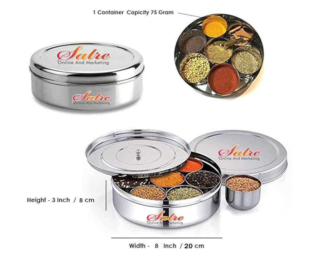Satre Online and Marketing Stainless Steel Masala Box,Stainless Steel Spice Box,Spice Box with 7 Spice Containers, 2 Spoon With Lid,Spice box,Masala Box,Masala Dabba