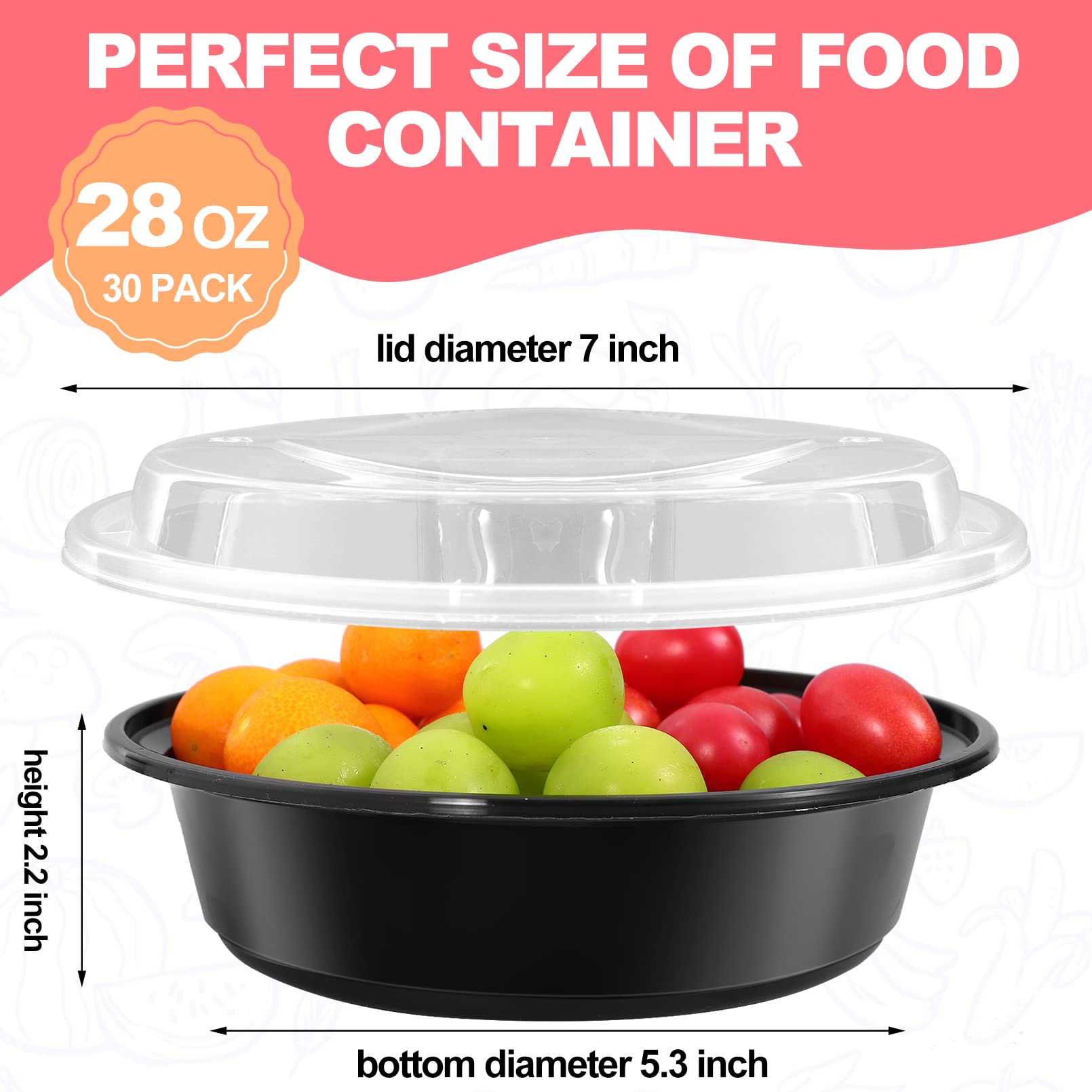 Meal Prep Container,30 Pack Food Prep Containers,28 oz Meal Prep Bowls with Lids,Reusable Food Containers with Lids,Round Plastic Lunch Containers,BPA-Free,Stackable,Microwave/Dishwasher/Freezer Safe