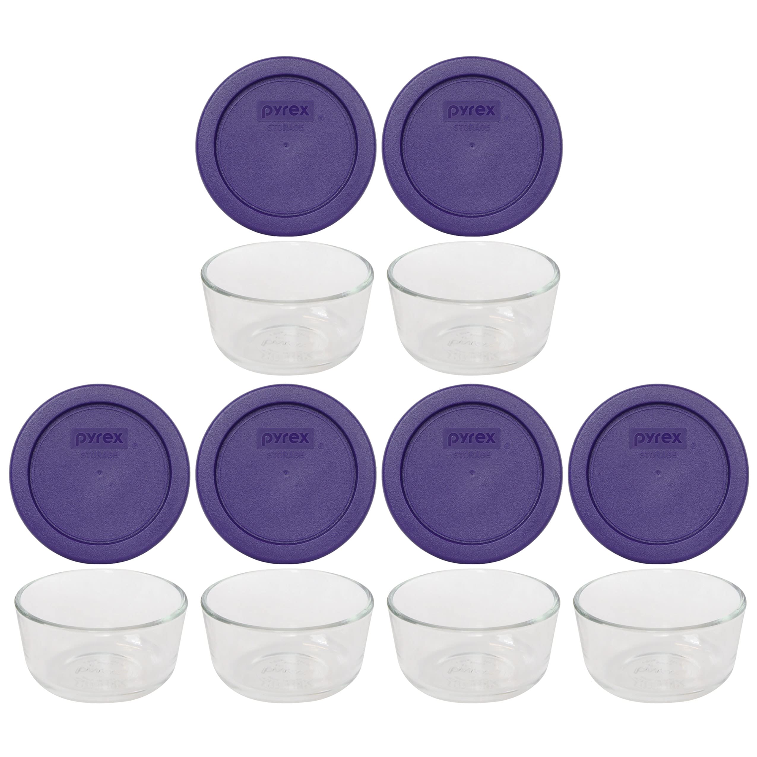 Pyrex (6 7202 Glass Bowls & (6) 7202-PC Plum Purple Lids Made in the USA