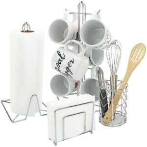 southern homewares sh-10297 full kitchen accessory set, chrome paper towel & utensil holder, napkin container, hangers, one size