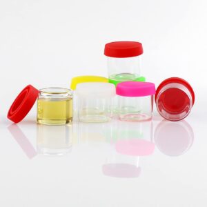 YHSWE 50pcs 6ml Round Glass Clear Storage Jar Small Reusable Container with Airtight Multi Color Silicone Lid (Circular-1)