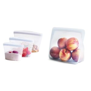 stasher silicone reusable storage bag, bundle 3-pack bowls (clear) & silicone reusable, stand-up mid (clear)