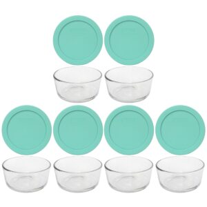 pyrex (6) 7200 glass bowls & (6) 7200-pc sea glass blue lids made in the usa