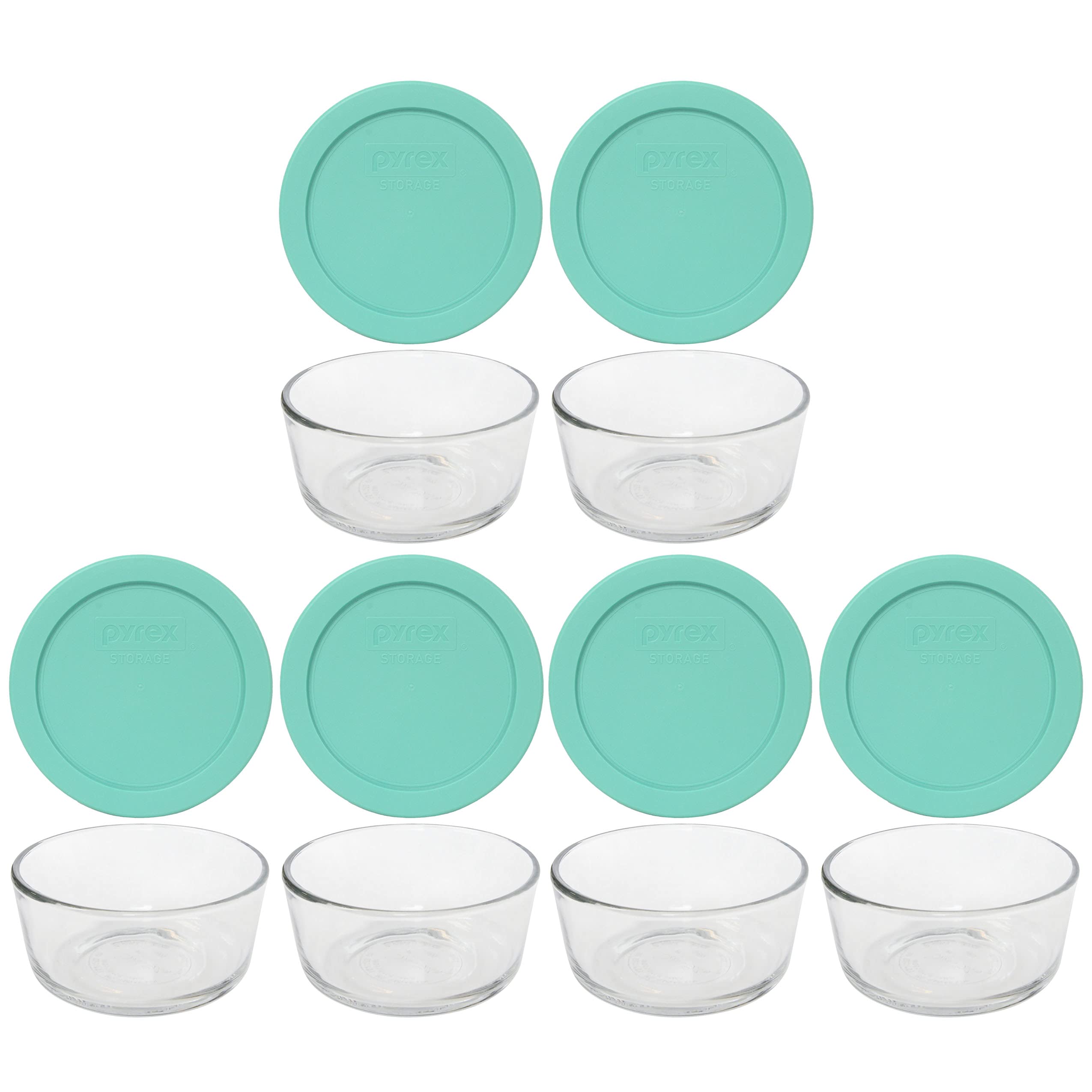 Pyrex (6) 7200 Glass Bowls & (6) 7200-PC Sea Glass Blue Lids Made in the USA