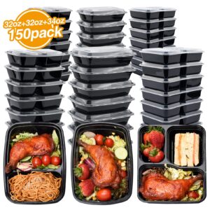 Glotoch Meal Prep Container,150Pack 1,2,3 Compartment Reusable Food Storage Containers For Lunch, Leftover.Disposable Black Plastic Containers With Lids To Go Container-BPA-Free Microwave Safe