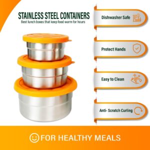 Anas 4-Pack of Round Food Containers - Stainless Steel, Locking Silicone Lids, Compact Stackable, Leak Proof, Dishwasher Safe. Great for Snacks, Lunch, Work, School, Travel, Bento Box