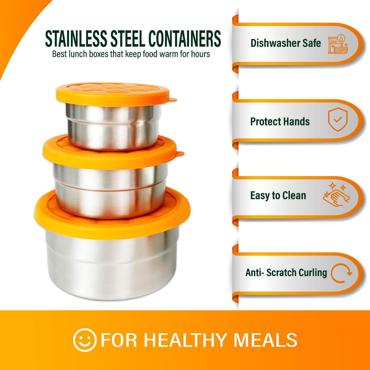 Anas 4-Pack of Round Food Containers - Stainless Steel, Locking Silicone Lids, Compact Stackable, Leak Proof, Dishwasher Safe. Great for Snacks, Lunch, Work, School, Travel, Bento Box