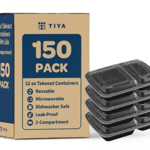 TIYA Takeout Food Containers - 32 oz Bulk 150 Pack with Lids - Plastic Compartment Storage To-Go Boxes - Reusable, Microwavable, Dishwasher Safe - Leak Proof for Restaurants and Meal Prep