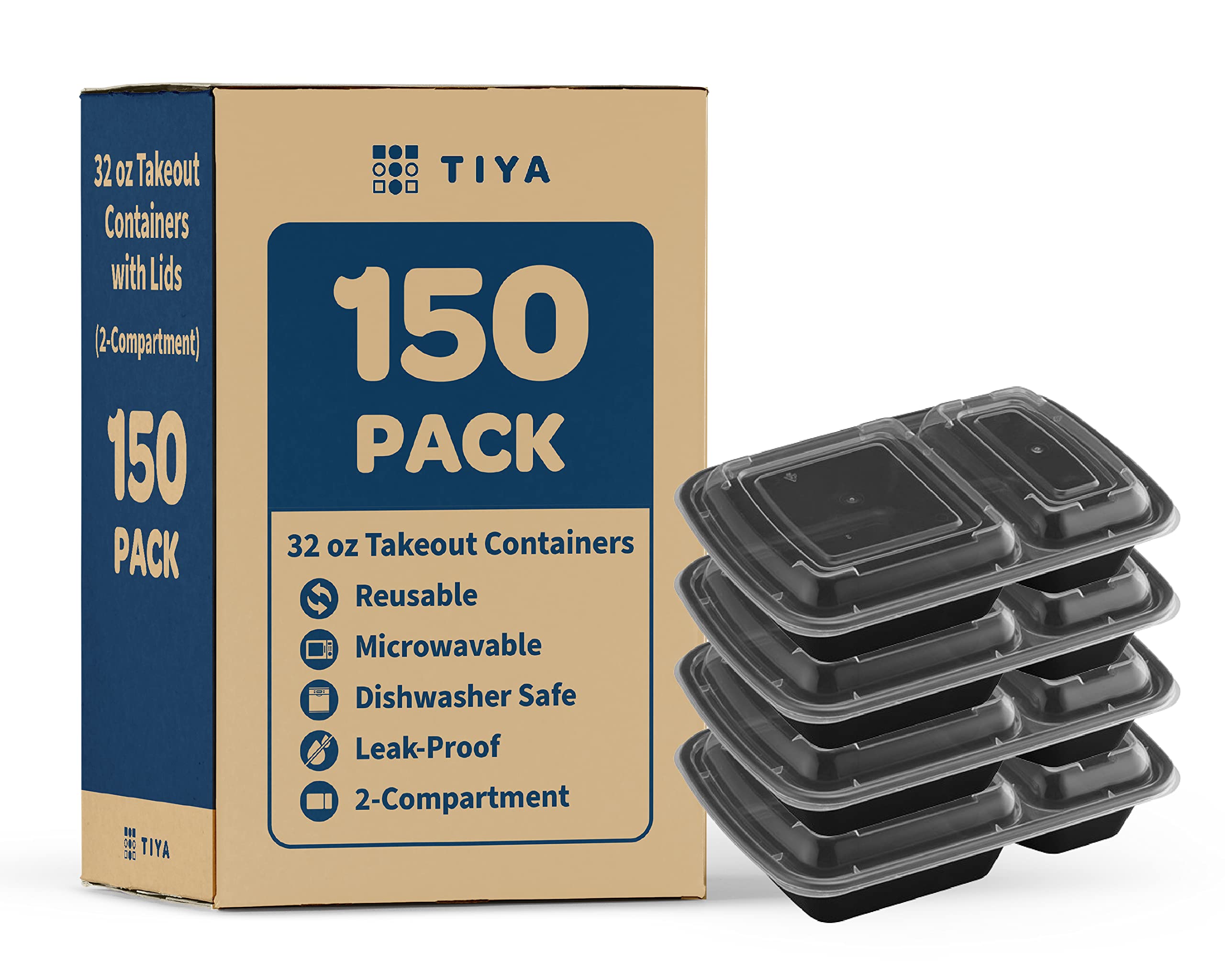 TIYA Takeout Food Containers - 32 oz Bulk 150 Pack with Lids - Plastic Compartment Storage To-Go Boxes - Reusable, Microwavable, Dishwasher Safe - Leak Proof for Restaurants and Meal Prep