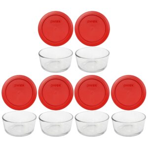 pyrex (6 7200 glass bowls & (6) 7200-pc poppy red lids made in the usa