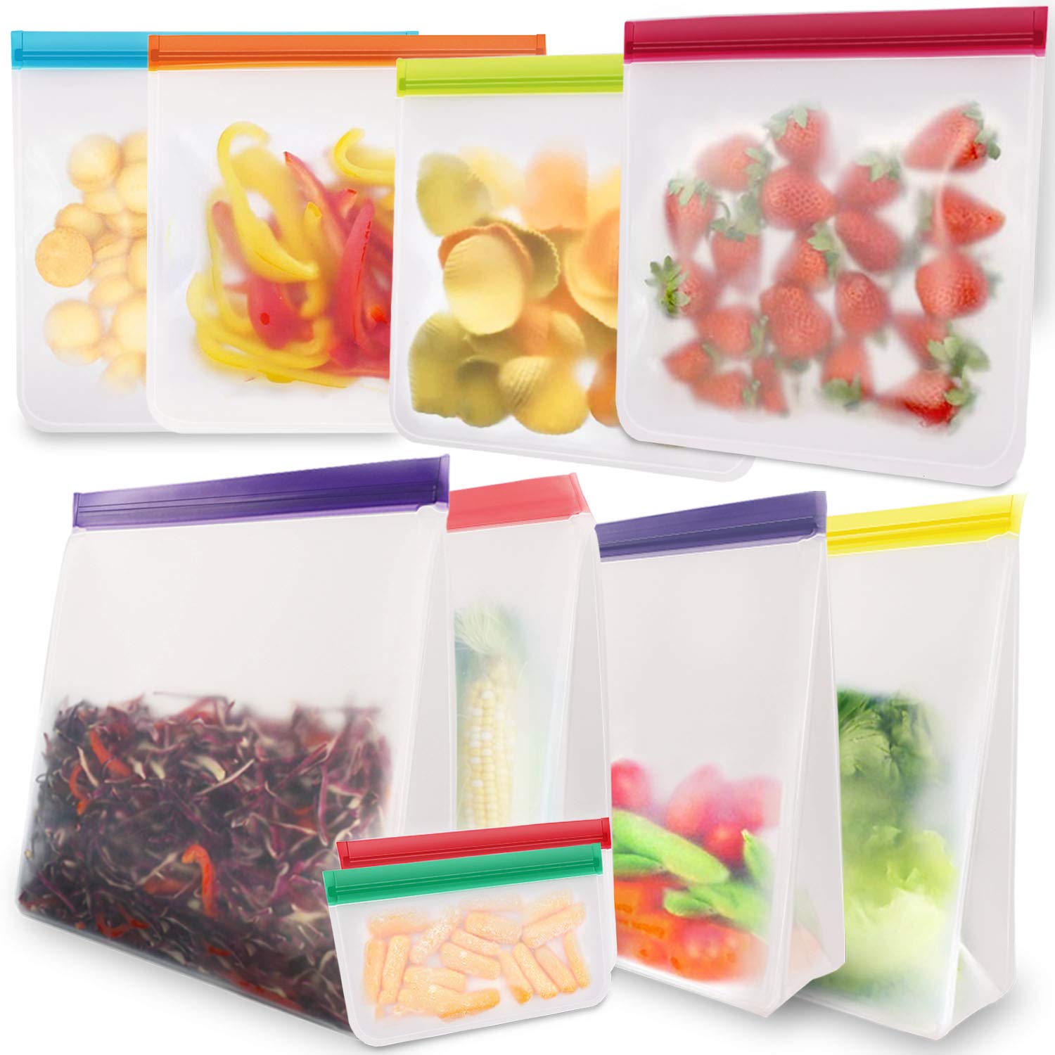 KYONANO Reusable Sandwich & Snacks Bags 10 Pack, Reusable Ziplock Storage Bags Freezer Safe, Extra Thick PEVA Material BPA/Plastic Free Bags for Lunch, Snacks, Toiletries, Make-up