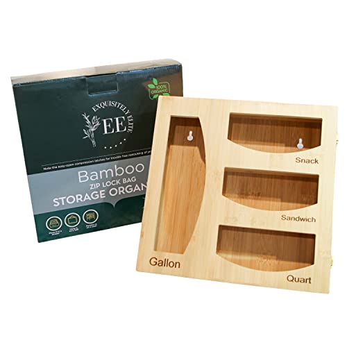 Ziplock Bag Organizer - Stylish Bamboo Zip Lock Storage Organization For Your Kitchen Drawers Cabinet Or Pantry - Wall Mount With Hinge Open Lid And Compression Clasps Great For A Gift