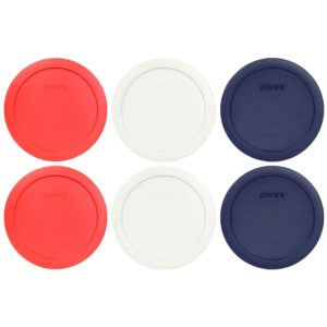 pyrex 7201-pc 4 cup (2) red (2) white (2) dark blue round plastic lids - 6 pack made in the usa