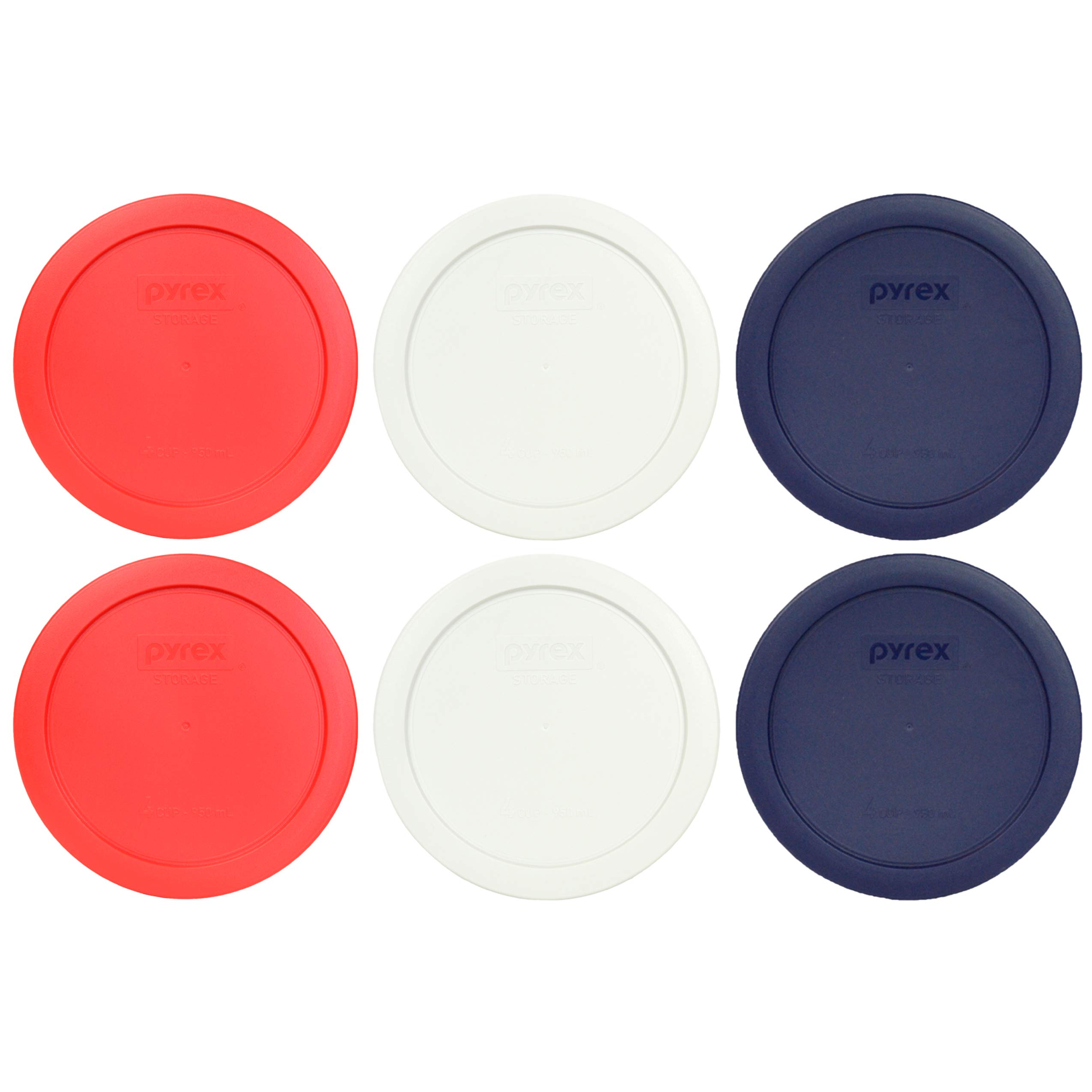 Pyrex 7201-PC 4 Cup (2) Red (2) White (2) Dark Blue Round Plastic Lids - 6 Pack Made in the USA