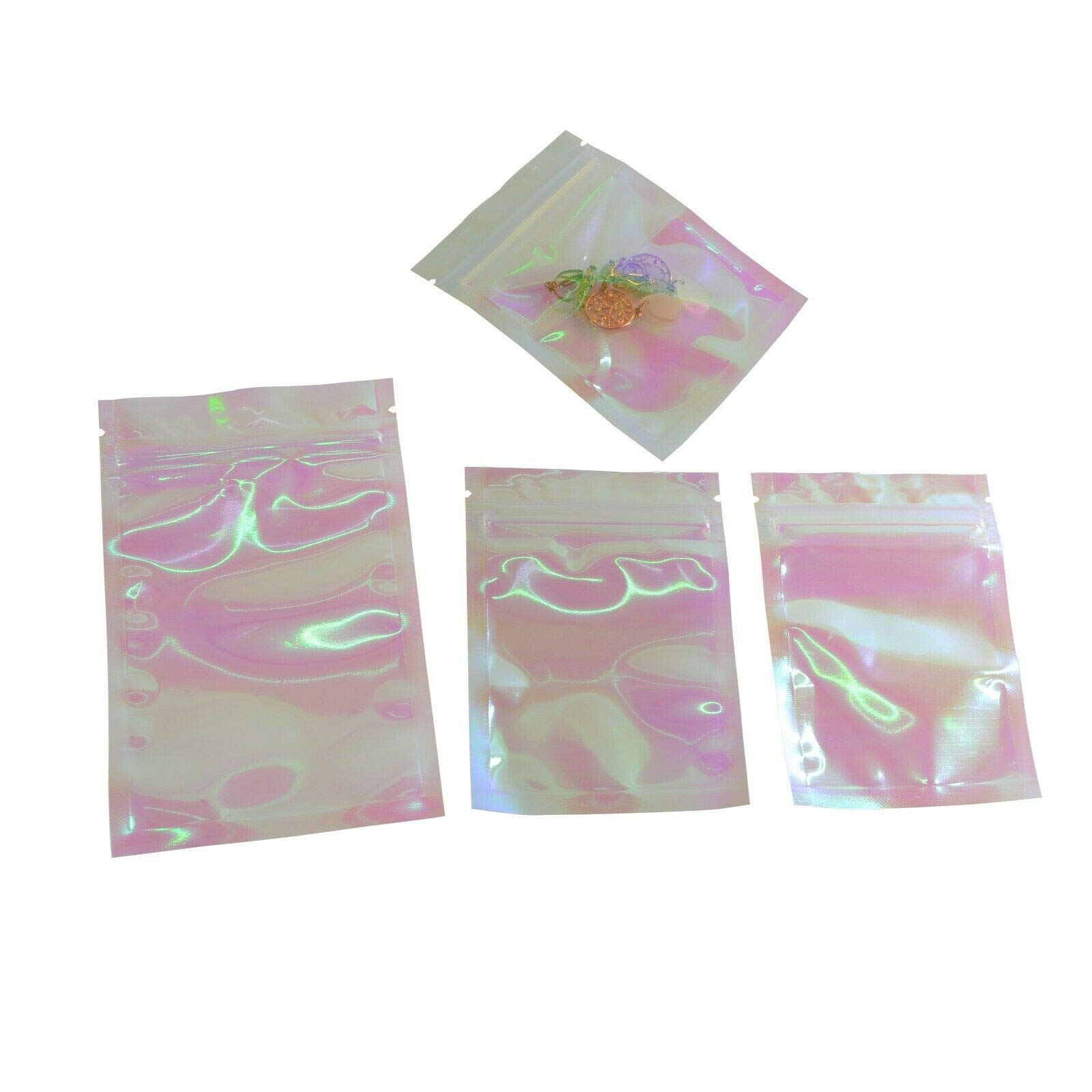 100Pcs Holographic Clear Ziplock Bags Iridescent Pouches with Tear Notch Food Packing Packaging Pouches Smell Proof Bags Storage Pouches 3.3×5.1in (8.5×13cm)