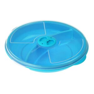 ybm home microwave food storage tray with cover, 2 section/compartment divided plates with vented lid for food heating - blue