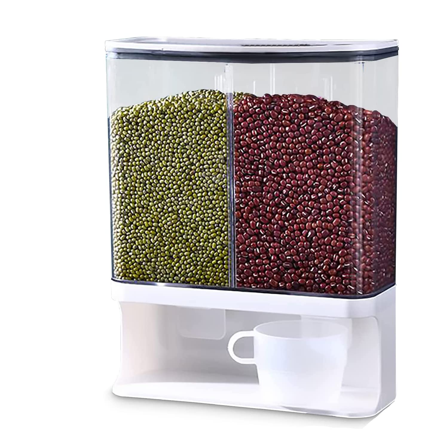 Dry Grain & Rice Storage Container and Dispenser for Pantry and Kitchen Countertop | 3.17 Quart Wall-Mounted Food Organizer and Container for Rice, Coffee, and Other Small Grains