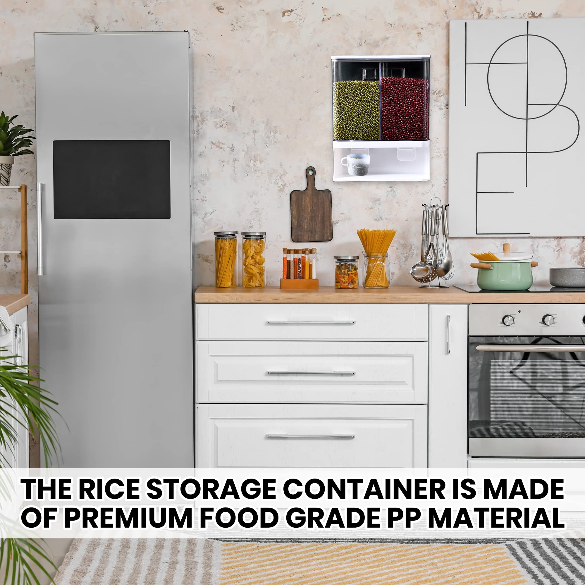 Dry Grain & Rice Storage Container and Dispenser for Pantry and Kitchen Countertop | 3.17 Quart Wall-Mounted Food Organizer and Container for Rice, Coffee, and Other Small Grains