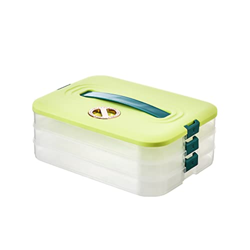 OHEPFD Refrigerator Organizer Bins,Food Storage Containers with Lids Dumpling Storage Box 3-Layer Stackable Food Storage Tray Organizer Holder for Kitchen Fridge, Green, 30.5x23x12cm