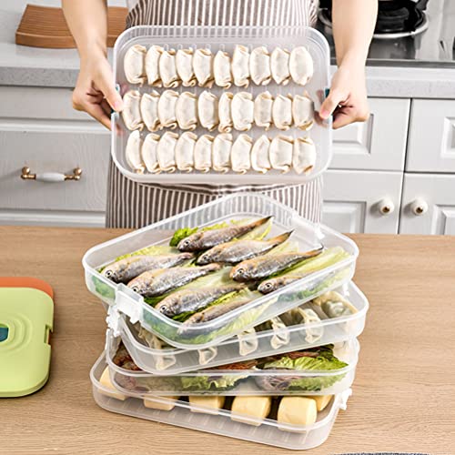 OHEPFD Refrigerator Organizer Bins,Food Storage Containers with Lids Dumpling Storage Box 3-Layer Stackable Food Storage Tray Organizer Holder for Kitchen Fridge, Green, 30.5x23x12cm