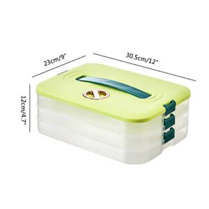 OHEPFD Refrigerator Organizer Bins,Food Storage Containers with Lids Dumpling Storage Box 3-Layer Stackable Food Storage Tray Organizer Holder for Kitchen Fridge, Green, 30.5x23x12cm