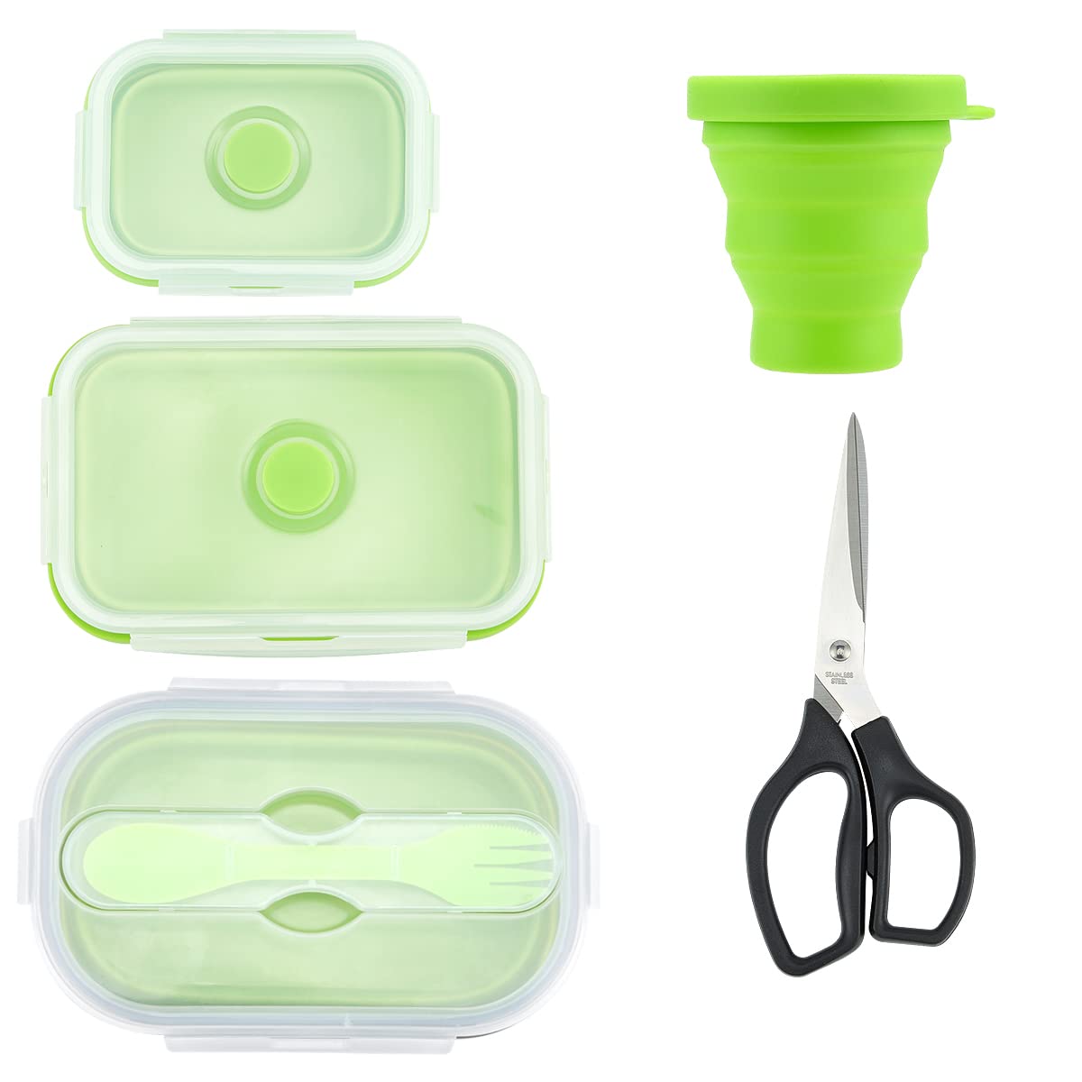 Generic Silicone Lunch Box with Spoon, Fork, and Travel Cup Set, 5 Pcs