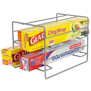 home basics w 3 tier heavy duty kitchen countertop or cabinet organizer for food wrap, foil, wax parchment paper, plastic bags, silver