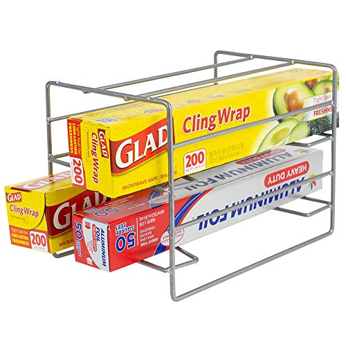 Home Basics W 3 Tier Heavy Duty Kitchen Countertop or Cabinet Organizer for Food Wrap, Foil, Wax Parchment Paper, Plastic Bags, Silver