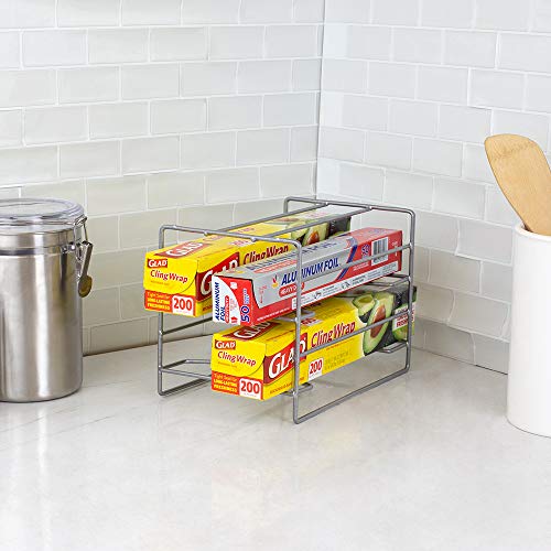 Home Basics W 3 Tier Heavy Duty Kitchen Countertop or Cabinet Organizer for Food Wrap, Foil, Wax Parchment Paper, Plastic Bags, Silver