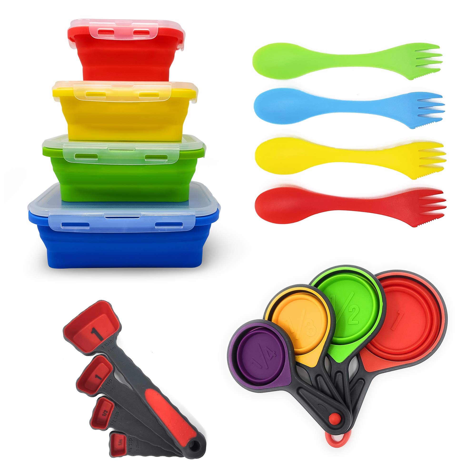 Collapsible Silicone Food Storage Containers - 16 Pcs Set with Lids Made by Silictek - Food Grade Travelling Measuring Cups - Measuring Spoons & Sporks- Portable & BPA Free - 4x Each