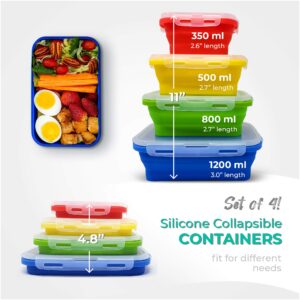 Collapsible Silicone Food Storage Containers - 16 Pcs Set with Lids Made by Silictek - Food Grade Travelling Measuring Cups - Measuring Spoons & Sporks- Portable & BPA Free - 4x Each