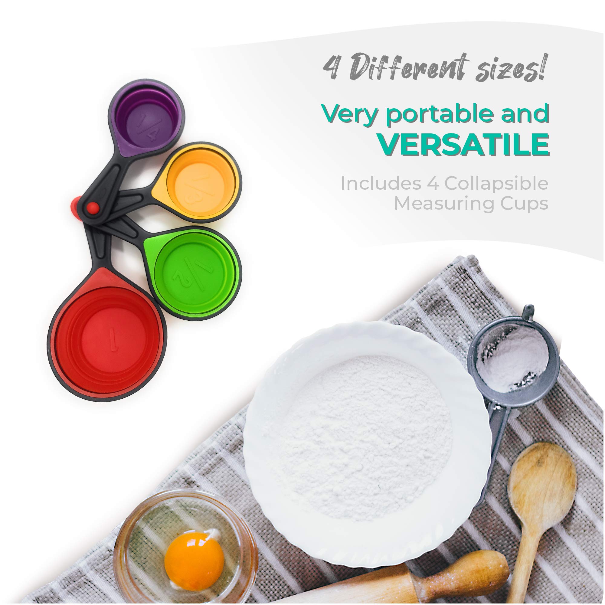 Collapsible Silicone Food Storage Containers - 16 Pcs Set with Lids Made by Silictek - Food Grade Travelling Measuring Cups - Measuring Spoons & Sporks- Portable & BPA Free - 4x Each