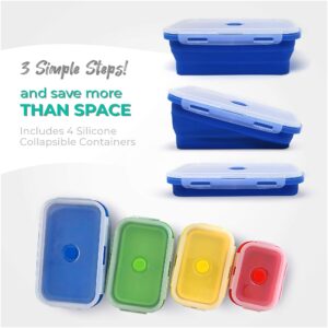 Collapsible Silicone Food Storage Containers - 16 Pcs Set with Lids Made by Silictek - Food Grade Travelling Measuring Cups - Measuring Spoons & Sporks- Portable & BPA Free - 4x Each