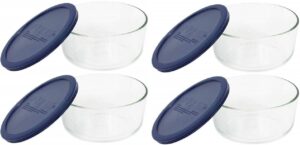 pyrex storage 4-cup round dish with dark blue plastic cover, clear (pack of 4 containers)