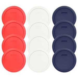 pyrex 7201-pc 4 cup (4) red (4) white (4) dark blue round plastic lids - 12 pack made in the usa