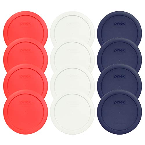 Pyrex 7201-PC 4 Cup (4) Red (4) White (4) Dark Blue Round Plastic Lids - 12 Pack Made in the USA