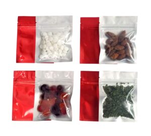 clear front resealable red mylar bags - 5 mil - 3.5" x 4.5" zip seal heat sealable odor proof pouch for herbs food vitamins gummies snacks storage container (100 or 3000) (100)