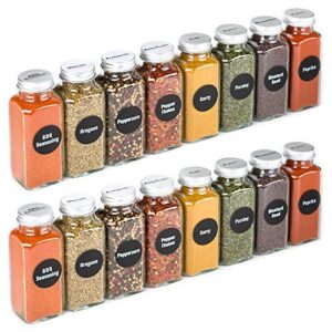 8 extra large, 8oz, best value, glass spice jars with 113 pvc clear, plus 126 pre-printed spice chalkboard labels. 8 square empty jars, airtight cap, pour/sift shakers