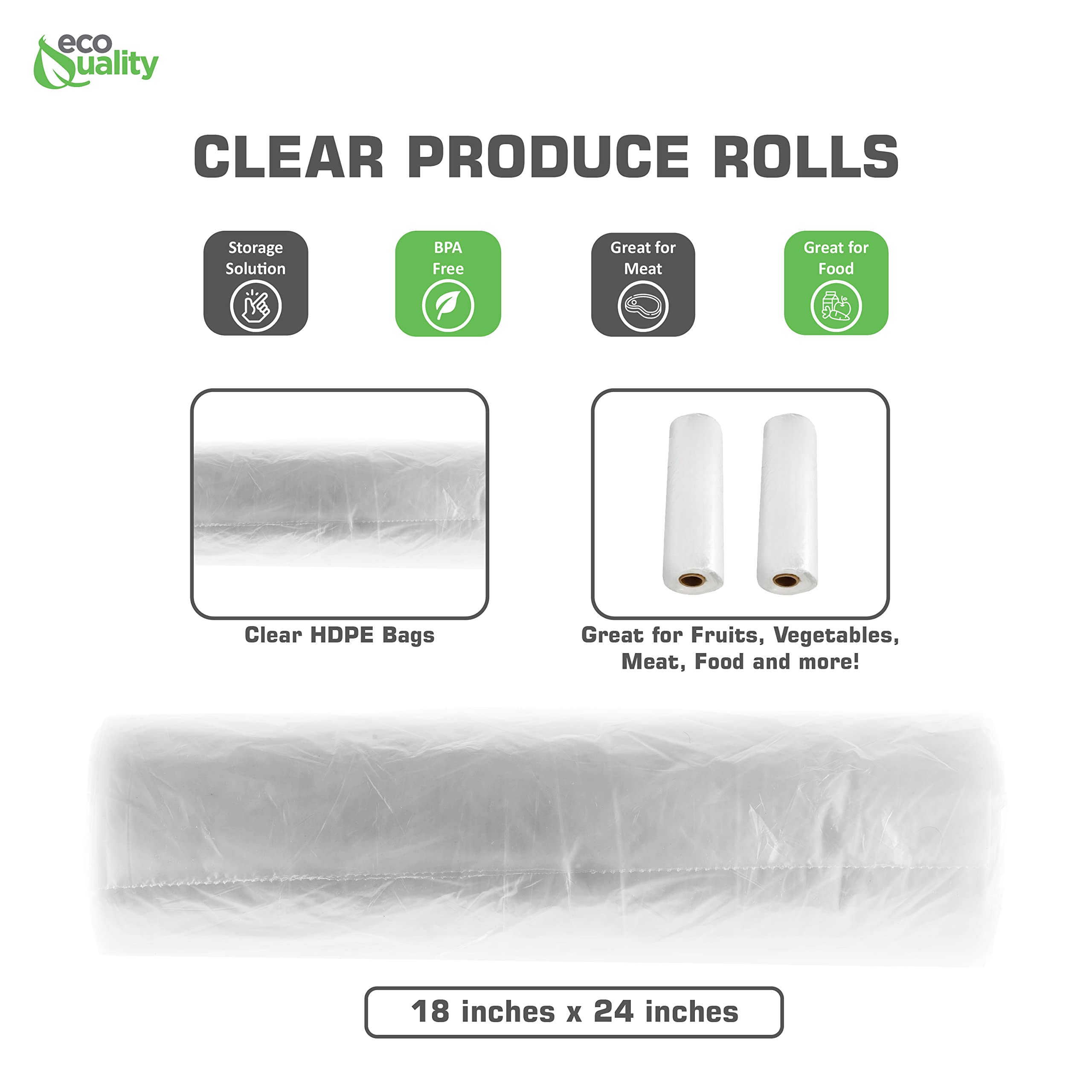 EcoQuality 18" x 24" Plastic Produce Bags on a Roll 250 Bags/Roll - Food Storage Bags, Clear Plastic Bags for Vegetables, Food, Fruits, Bread, Pet Waste Bags, Grocery Bags, Supermarket Bags (12)