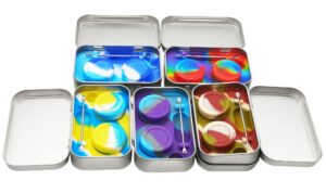vitakiwi portable 5ml wax silicone containers jars non-stick with stainless steel spoon and tin carrying box, multi-color (set of 5)