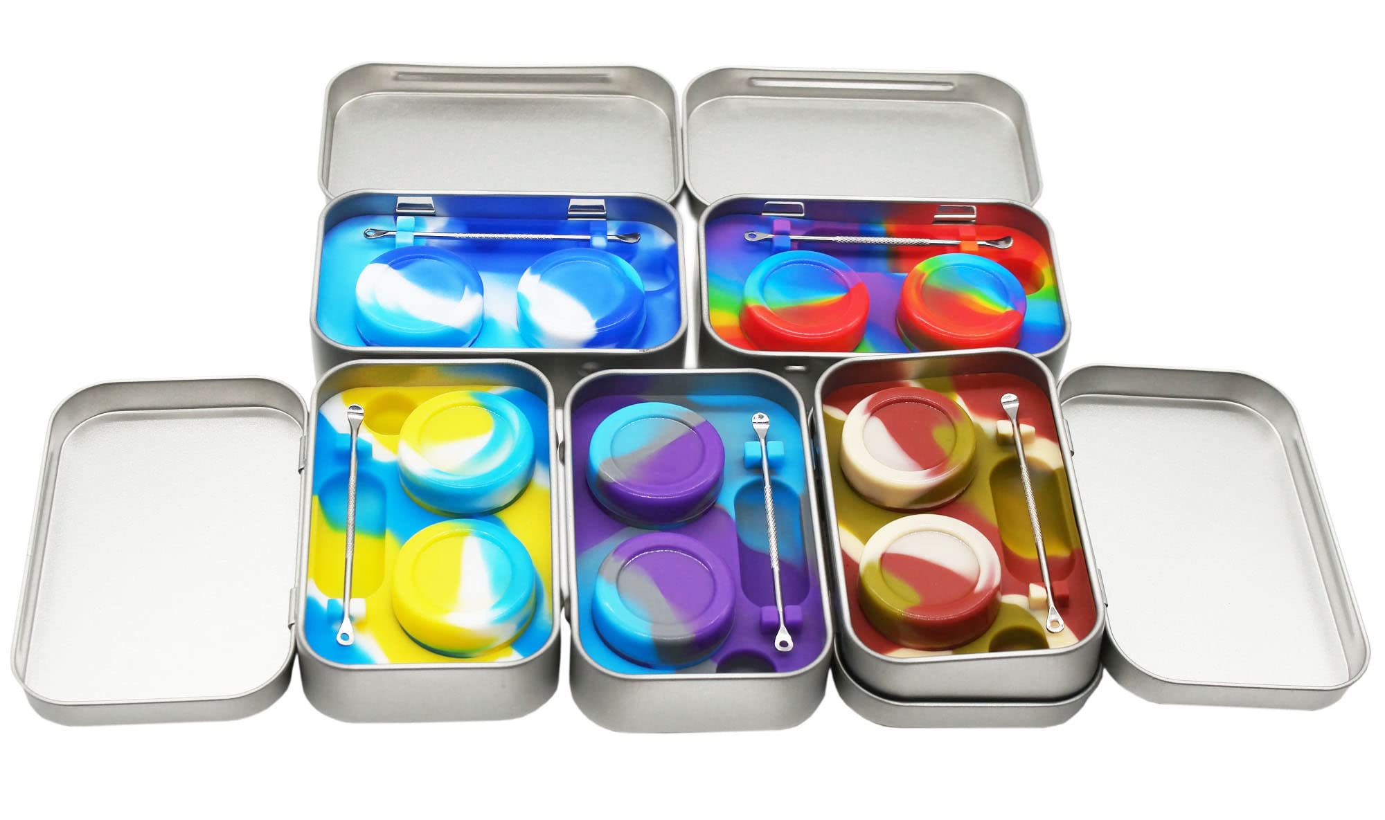 vitakiwi Portable 5ml Wax Silicone Containers Jars Non-stick with Stainless Steel Spoon and Tin Carrying Box, Multi-color (Set of 5)