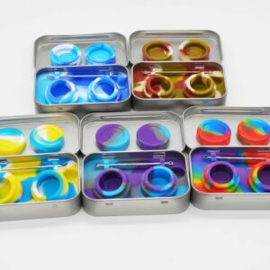 vitakiwi Portable 5ml Wax Silicone Containers Jars Non-stick with Stainless Steel Spoon and Tin Carrying Box, Multi-color (Set of 5)