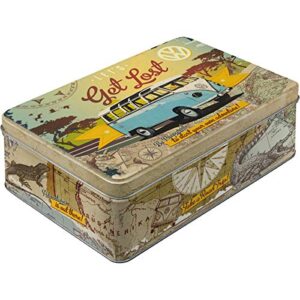 nostalgic-art retro storage tin box flat, 84.5 oz, vw bulli – let's get lost – volkswagen bus gift idea, metal can with lid, decorative vintage design