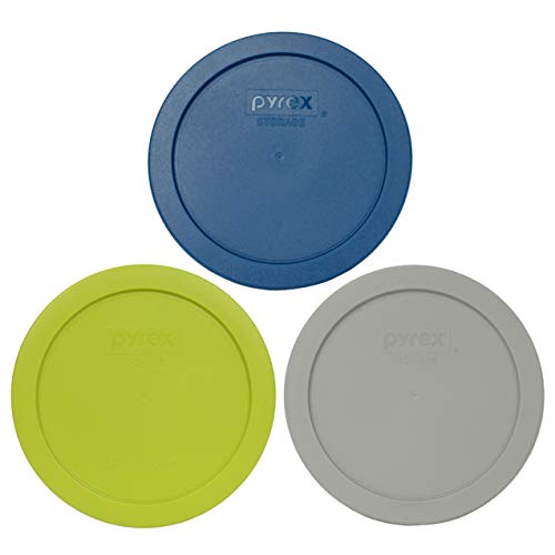 Pyrex 7201-PC 4 Cup (1) Blue Spruce, (1) Edamame Green, & (1) Jet Gray Round Plastic Food Storage Replacement Lid, Made in USA