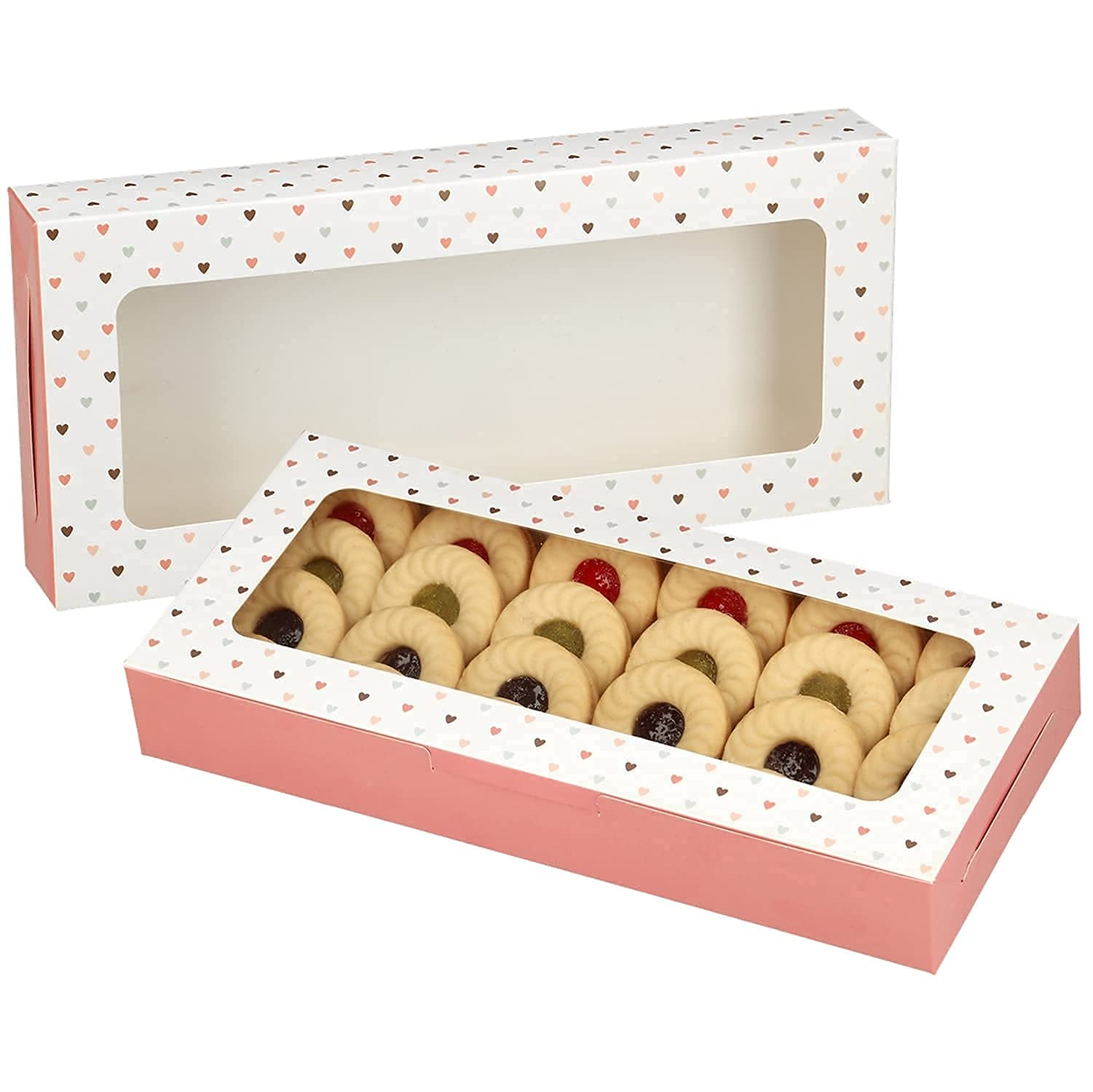 MAKOLO 20 Pack Bakery Boxes with Window Small 9.5x4.3x1.4 inch for Sugar Cookie, Chocolate Covered Strawberry, Cake, Candy, Tart, Pie (Two-Tone Pink)