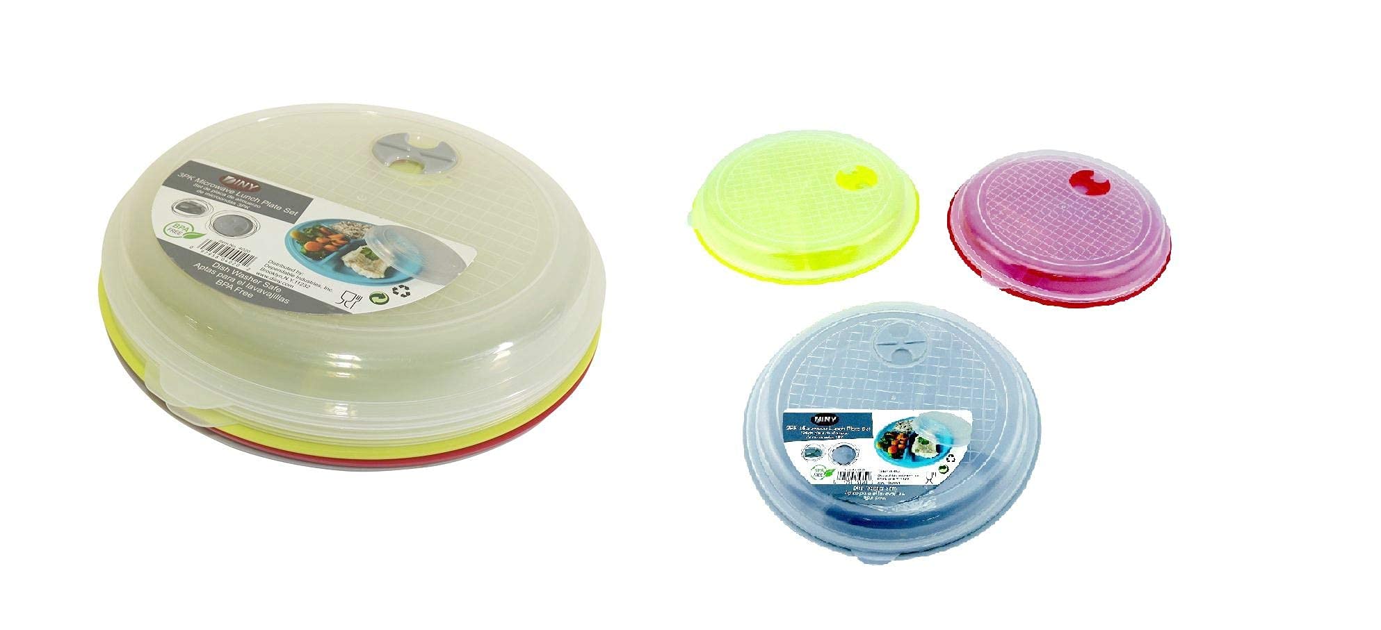 3 Pack Divided Microwave Lunch Plate Set with Lids Vented Food Storage Food Grade Plastic