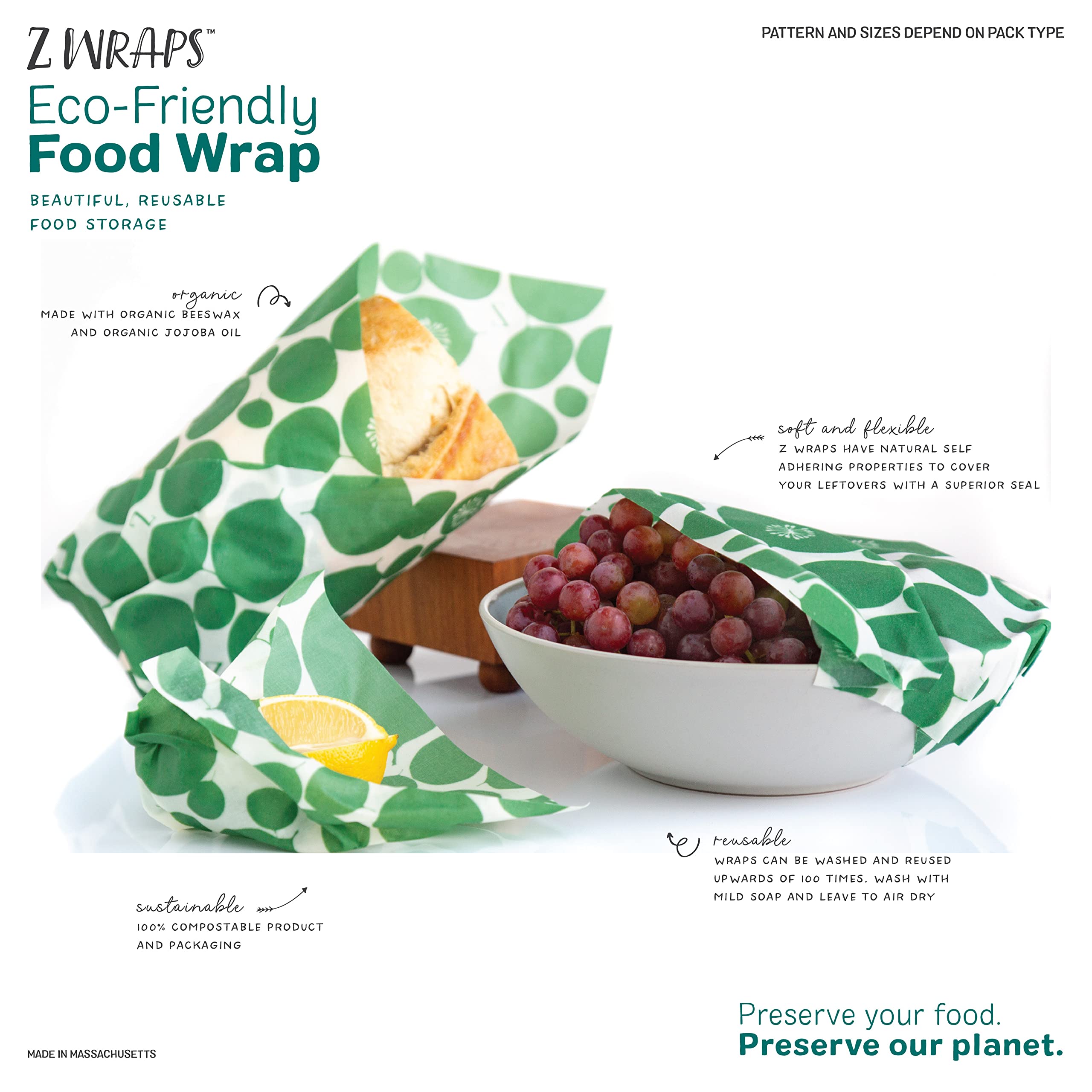 Z Wraps 3-pack, Reusable Beeswax Food Wrap and Food Storage Saver Small, Medium, Large (Farmer's)